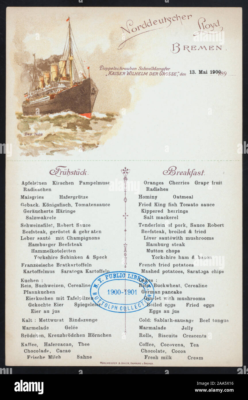 SHIP AT SEA;SEPARATE GERMAN AND ENGLISH MENUS;MAY BE USED AT A POSTCARD 1900-3260; BREAKFAST [held by] NORDDEUTECHER LLOYD BREMEN [at] SS KAISER WILHELM DER GROSSE (SS;) Stock Photo