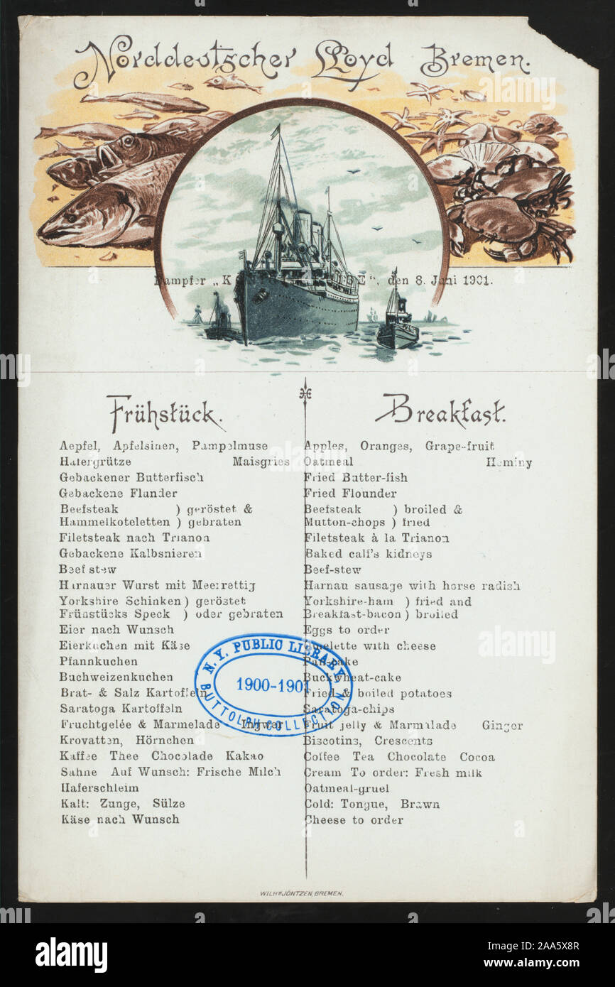 MENU IN GERMAN AND ENGLISH; ILLUSTRATION OF STEAMER AND FOOD; BACK SET UP FOR USE AS POSTCARD Citation/Reference: 1901-1576; BREAKFAST [held by] NORDDEUTSCHER LLOYD  BREMEN [at] EN ROUTE ABOARD KONIGIN LUISE (SS;) Stock Photo