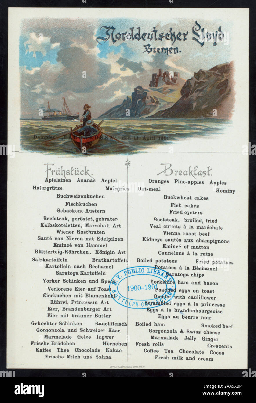 SHIPS ON SEA WITH MOUNTAINS IN BACKGROUND;MENUS SEPARATE IN GERMAN AND ENGLISH;MAY BE USED AS POSTCARD Citation/Reference: 1901-0895; BREAKFAST [held by] NORDDEUTSCHER LLOYD BREMEN [at] SS BARBAROSSA (SS;) Stock Photo