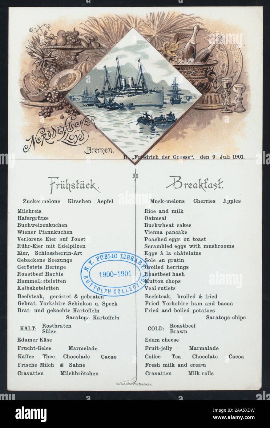 COASTAL SCENE; FOOD AND UTENSILS; MENUS SEPARATE IN GERMAN AND ENGLISH;MAY BE USED AS POSTCARD Citation/Reference: 1901-1913; BREAKFAST [held by] NORDDEUTSCHER LLOYD BREMEN [at] SS FRIEDRICH DER GROSSE (SS;) Stock Photo