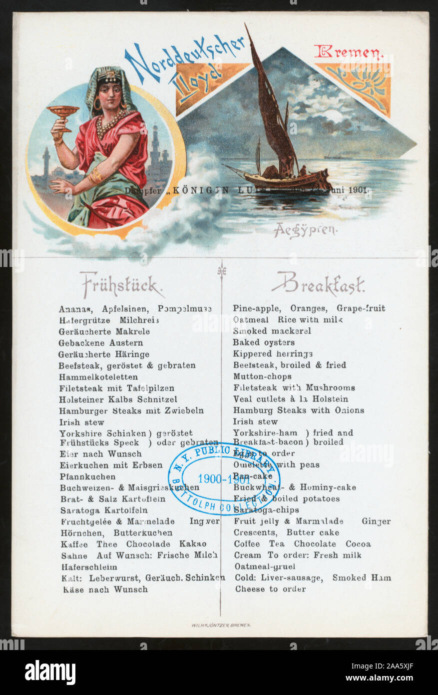 ASIAN WOMAN;BOAT ON WATER;MENUS SEPARATE IN GERMAN AND ENGLISH;MAY BE USED AS POSTCARD Citation/Reference: 1901-1624; BREAKFAST [held by] NORDDEUTSCHER LLOYD BREMEN [at] SS KONIGIN LUISE (SS;) Stock Photo