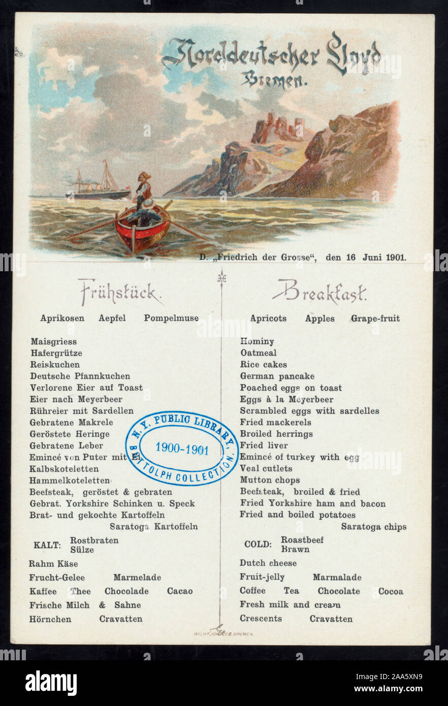 GERMAN & ENGLISH; ILLUSTRATION OF HARBOR SCENE, ROCKY SHORELINE; CARD ALSO A POSTCARD; Citation/Reference: 1901-1668; BREAKFAST [held by] NORDDEUTSCHERRR LLOYD BREMEN [at] SS FRIEDRICH DER GROSSE (SS;) Stock Photo