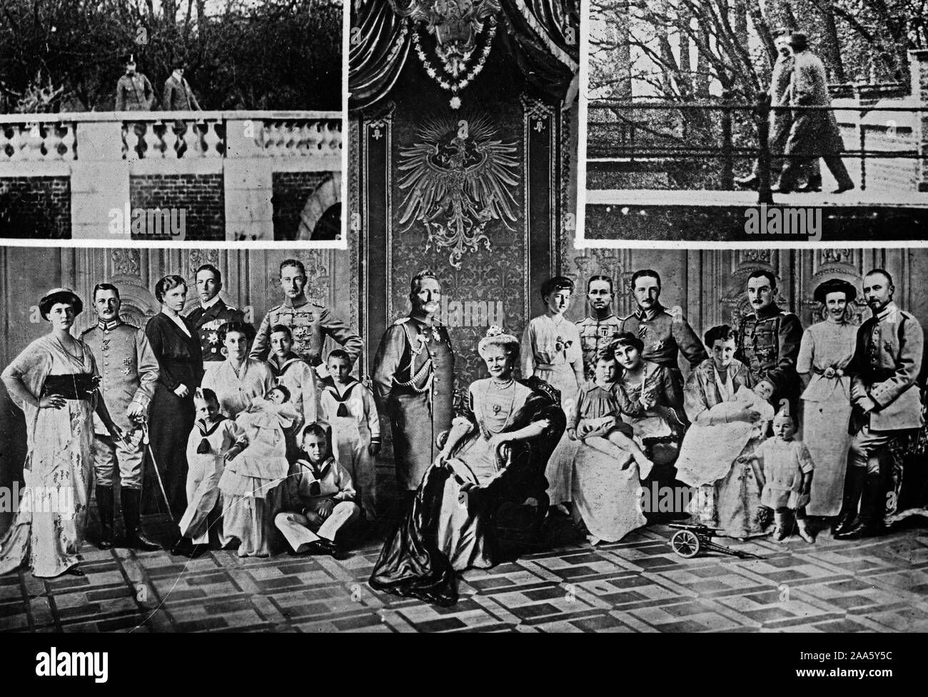 The end of the war and the abdication of Emperor Wilhelm, marked the end of the family of Hohenzollerns in the limelight of German society and royalty. The group photo shows the Hohenzollern family at the height of their popularity, and from right to left they are:-- Prince Oscar and wife, the Duke of Brunswick, his wife and two children; Prince August Wilhelm, wife and child; Prince Joachim and wife; the ex-Kaiserin and ex-Kaiser Wilhelm; the ex-Crown Prince, his wife and five children; Prince Adelburt and wife; Prince Eitel Frederick and his wife (now divorced) Stock Photo