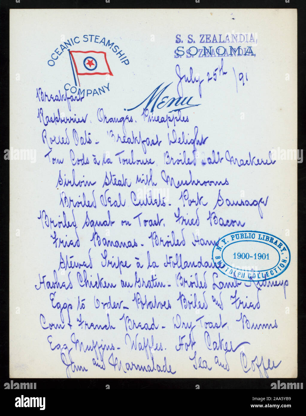 HANDWRITTEN, LOGO; Citation/Reference: 1901-2037; BREAKFAST [held by] OCEANIC STEAMSHIP CO. [at] EN ROUTE ABOARD S.S. ZEALANDIA (SS;) Stock Photo