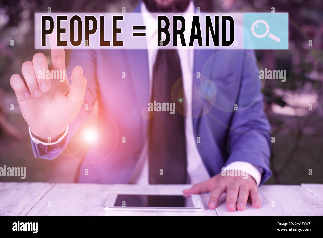 Conceptual hand writing showing People Brand. Concept meaning Personal Branding Defining demonstratingality through the labels Businessman with pointi Stock Photo