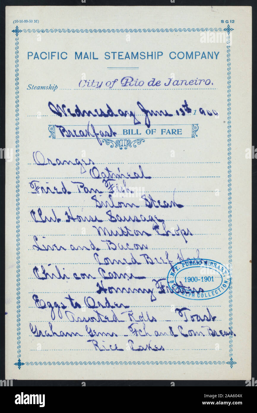 TWO COPIES 1900-3621; BREAKFAST [held by] PACIFIC MAIL STEAMSHIP COMPANY [at] SS CITY OF RIO DE JANEIRO (SS;) Stock Photo