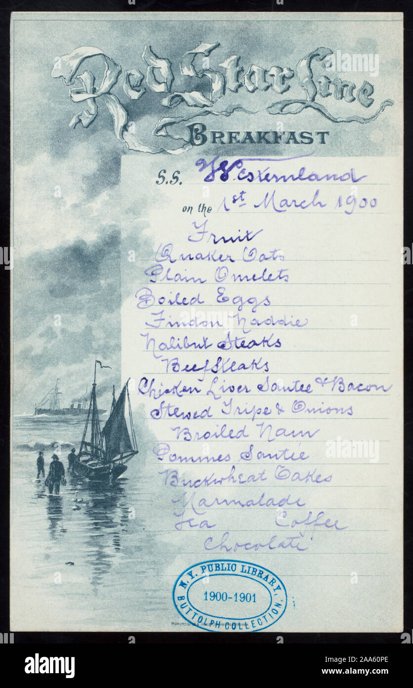 MENU HANDWRITTEN; BREAKFAST [held by] RED STAR LINE - S.S.WESTERNLAND ...
