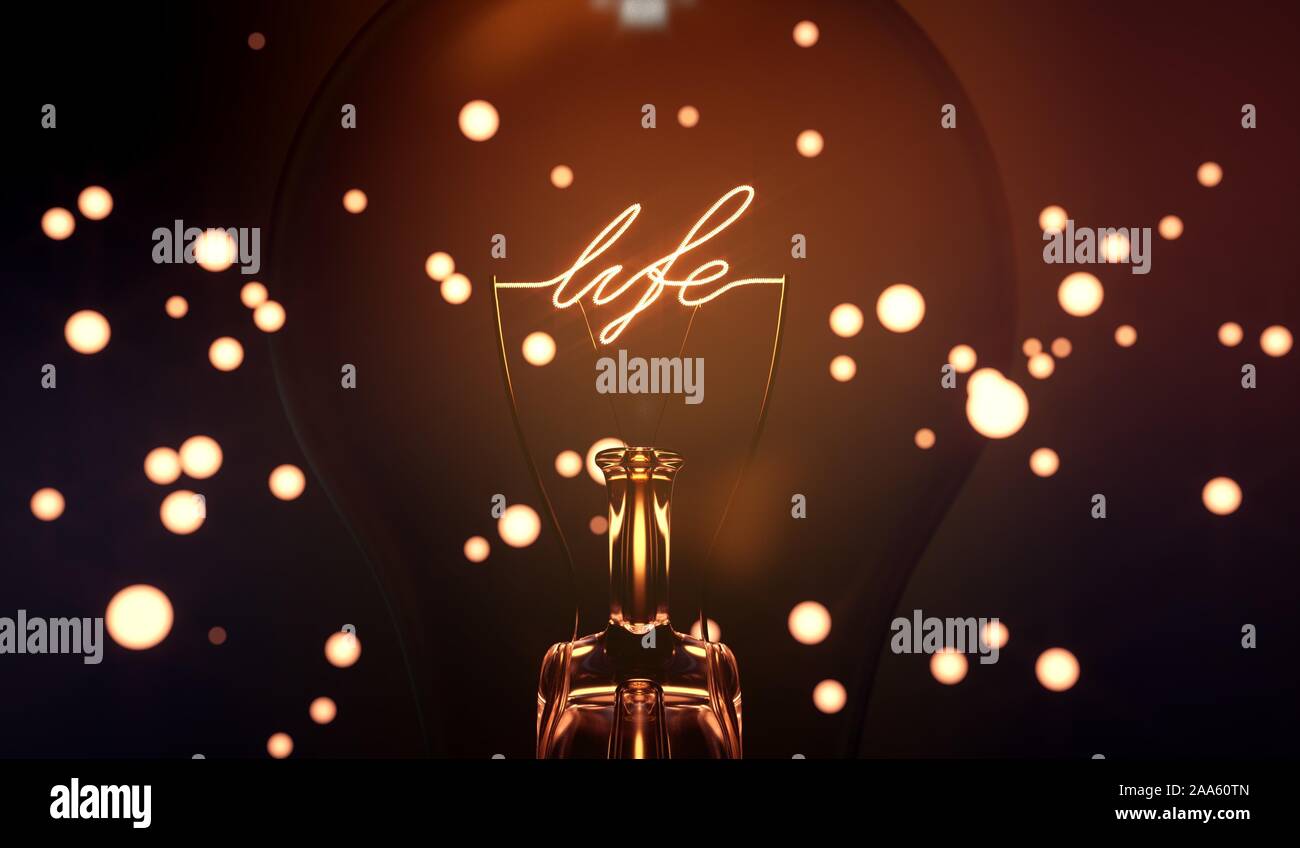 Incandescent life word. Bulb with writing. Stock Photo