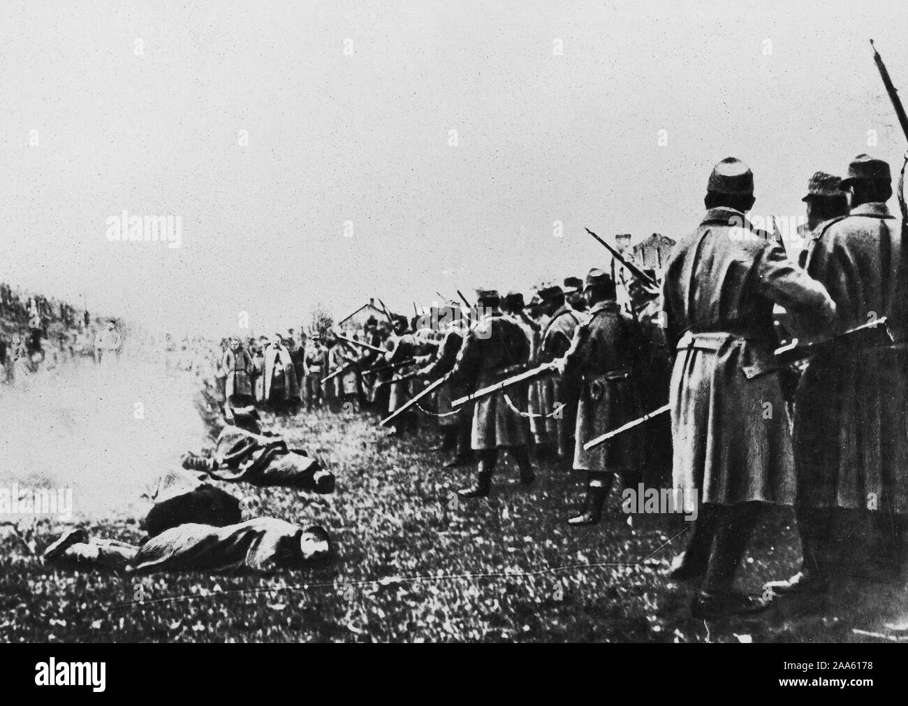 Jugo-Slavs in Serbia shot by invading Austrians. Methods used by Austrians to do away with undesirables that come under their control with capture of any foreign lands Stock Photo