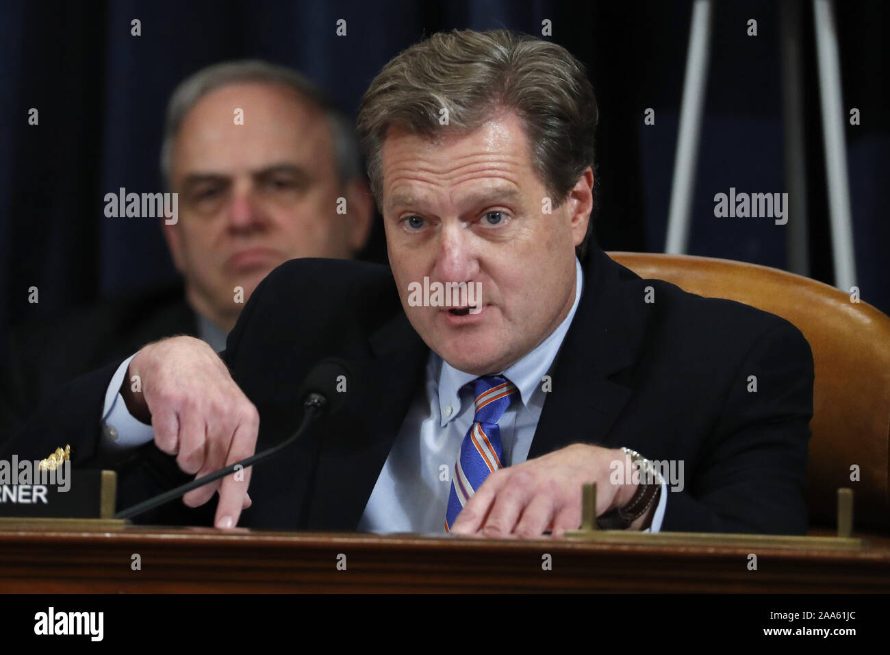 Washington, United States. 19th Nov, 2019. Rep. Mike Turner, R-Ohio, questions Ambassador Kurt Volker, former special envoy to Ukraine, and Tim Morrison, a former official at the National Security Council, as they testify before the House Intelligence Committee on Capitol Hill in Washington, DC on Tuesday, November 19, 2019, during a public impeachment hearing of President Donald Trump's efforts to tie U.S. aid for Ukraine to investigations of his political opponents. Pool photo by Jacquelyn Martin/UPI Credit: UPI/Alamy Live News Stock Photo