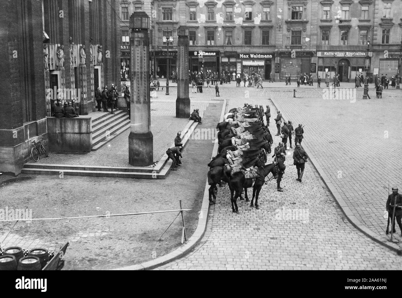 Events in upper Silesia: French cavalry in readiness for action in front of the 'Deutsches Theater' at Kattowitz (date unknown) Stock Photo