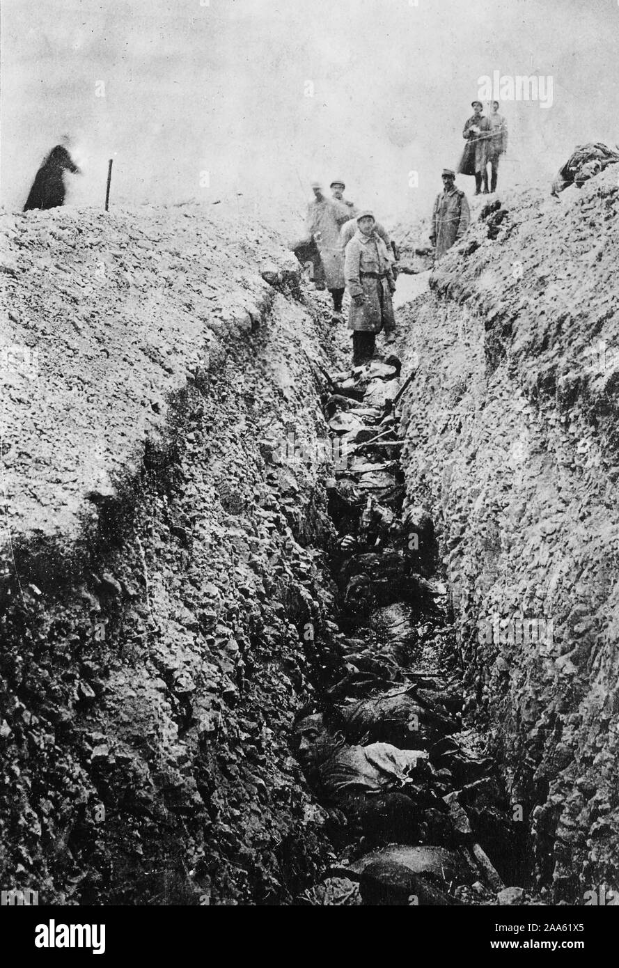 Behind the German Lines, their trenches stacked with dead bodies ca. 1917-1918 Stock Photo