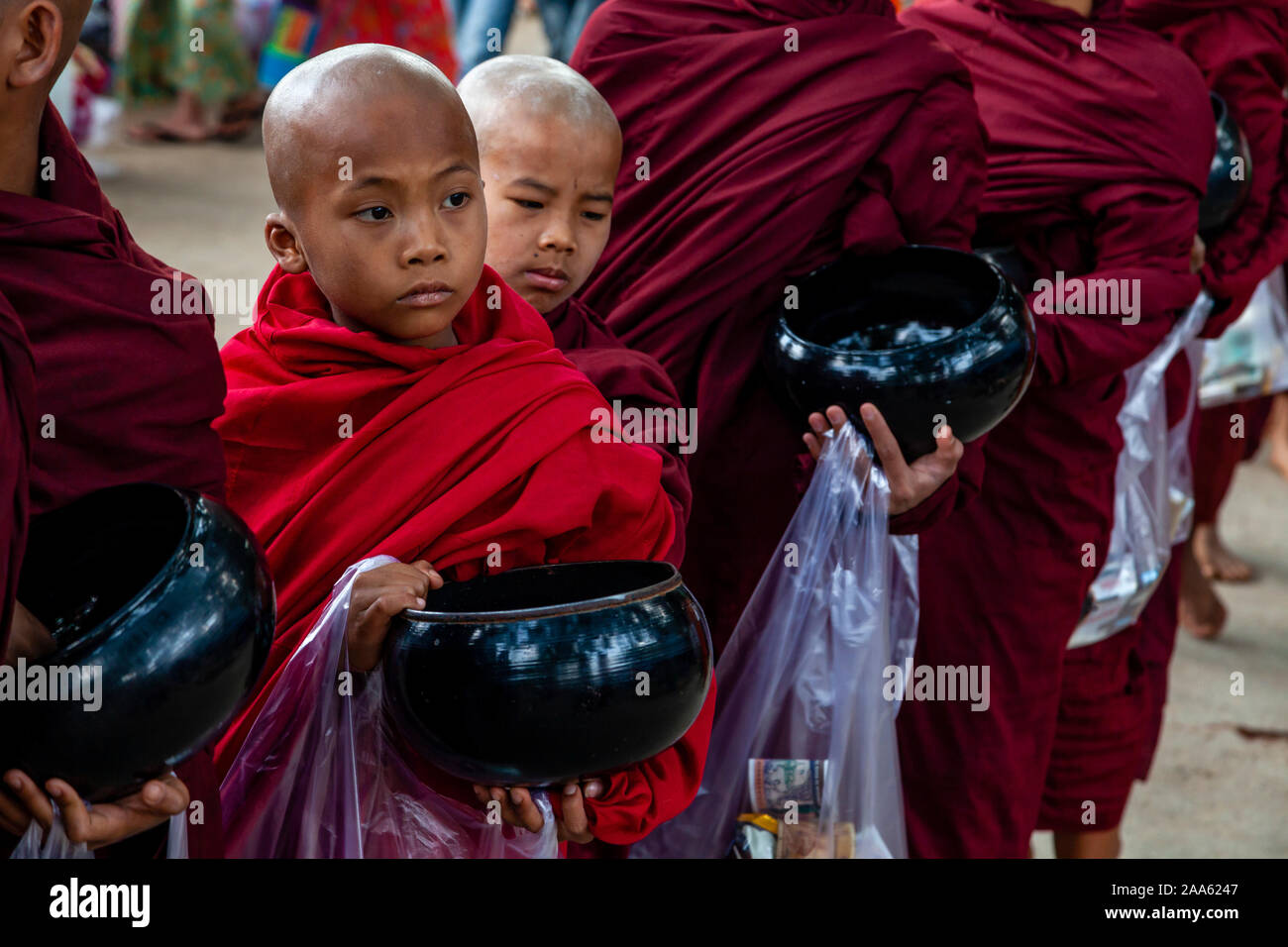 Novice Monks Walk Down The Main Street In Pindaya Seeking Alms During The Pindaya Cave Festival, Pindaya, Shan State, Myanmar. Stock Photo