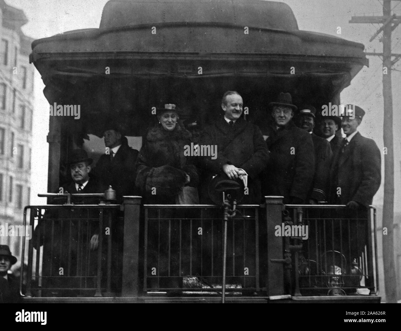 Count Von Bernstorff (in center) and party arriving at Hoboken, New Jersey, after leaving Washington, D.C., enroute to Germany ca. 1917-1918 Stock Photo