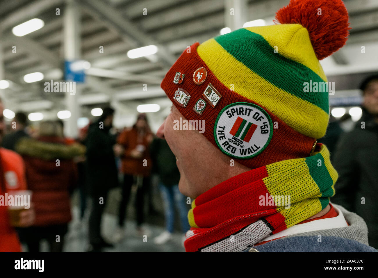 CARDIFF, WALES - NOVEMBER 13: Welsh fan in spirit of 58 bobble hat during  the EUFA Euro 2020 qualifier between Wales and Hungary at Cardiff City  Stadi Stock Photo - Alamy