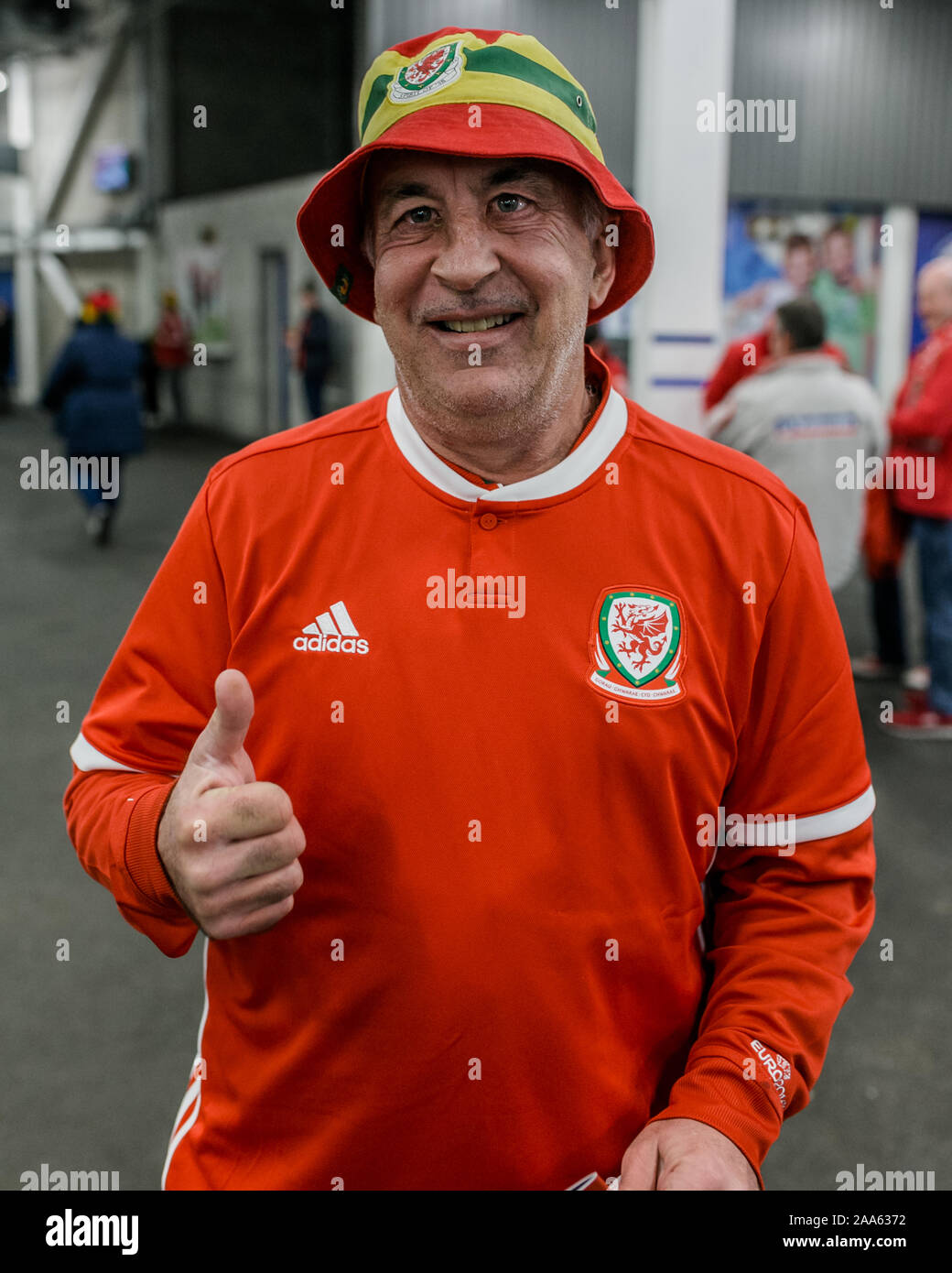 CARDIFF, WALES - NOVEMBER 13: Welsh fan in spirit of 58 bucket hat during  the EUFA Euro 2020 qualifier between Wales and Hungary at Cardiff City  Stadi Stock Photo - Alamy