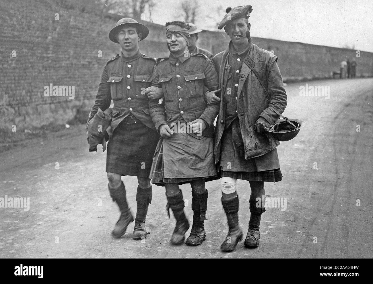 Alternative Title: Official photograph taken on the British Western Front in France : The German offensive - Walking wounded of the  51st Division  Description: Wounded but cheerful. Date Created: 1914 Photo Credit: UBC Library Stock Photo