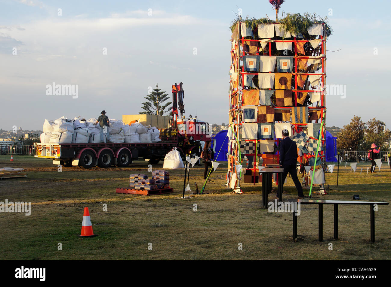 Sun setting on the Setting Up of Sculpture by the Sea 2019 Stock Photo