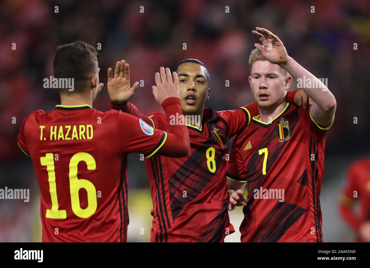 Brussels, Belgium. 19th Nov, 2019. Kevin De Bruyne of Belgium (R) celebrates with teammates during a UEFA Euro 2020 group I qualifying match between Belgium and Cyprus in Brussels, Belgium, Nov. 19, 2019. Credit: Zhang Cheng/Xinhua/Alamy Live News Stock Photo