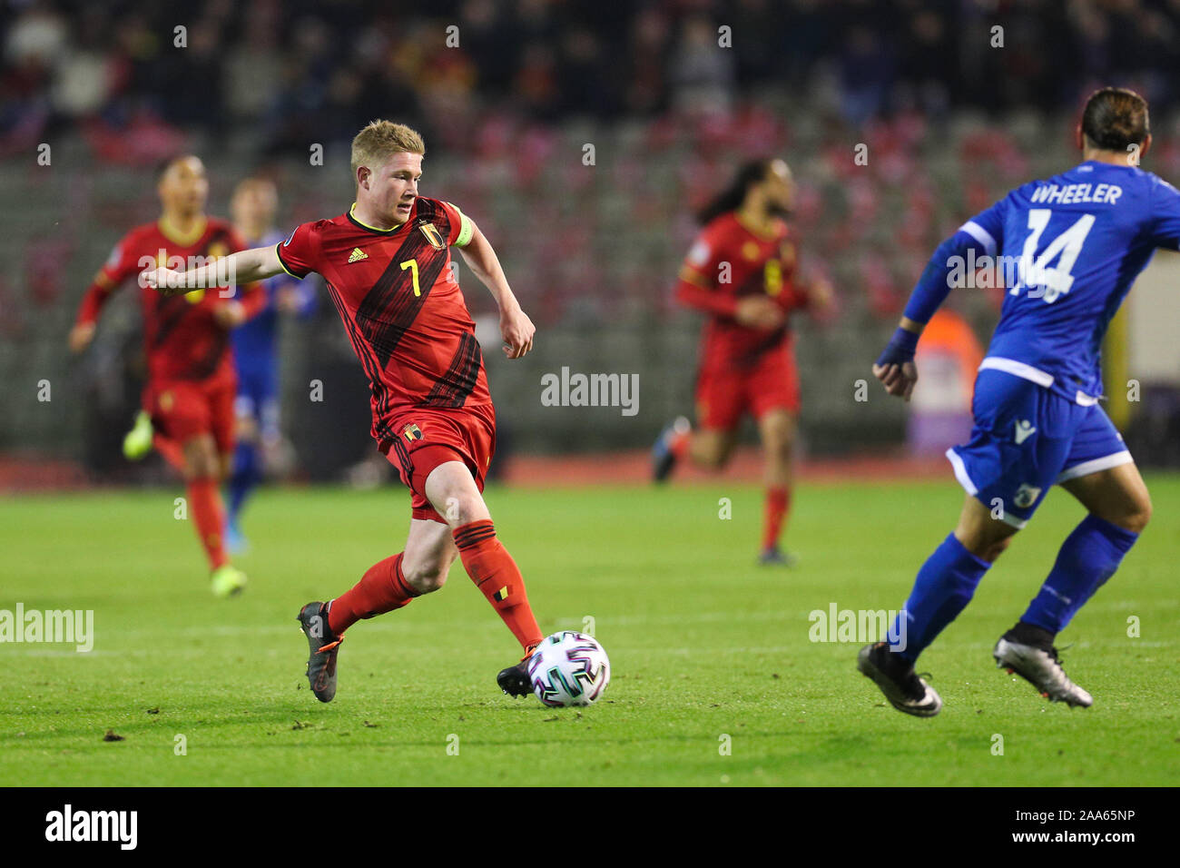 Brussels, Belgium. 19th Nov, 2019. Kevin De Bruyne of Belgium passes the ball during a UEFA Euro 2020 group I qualifying match between Belgium and Cyprus in Brussels, Belgium, Nov. 19, 2019. Credit: Zheng Huansong/Xinhua/Alamy Live News Stock Photo
