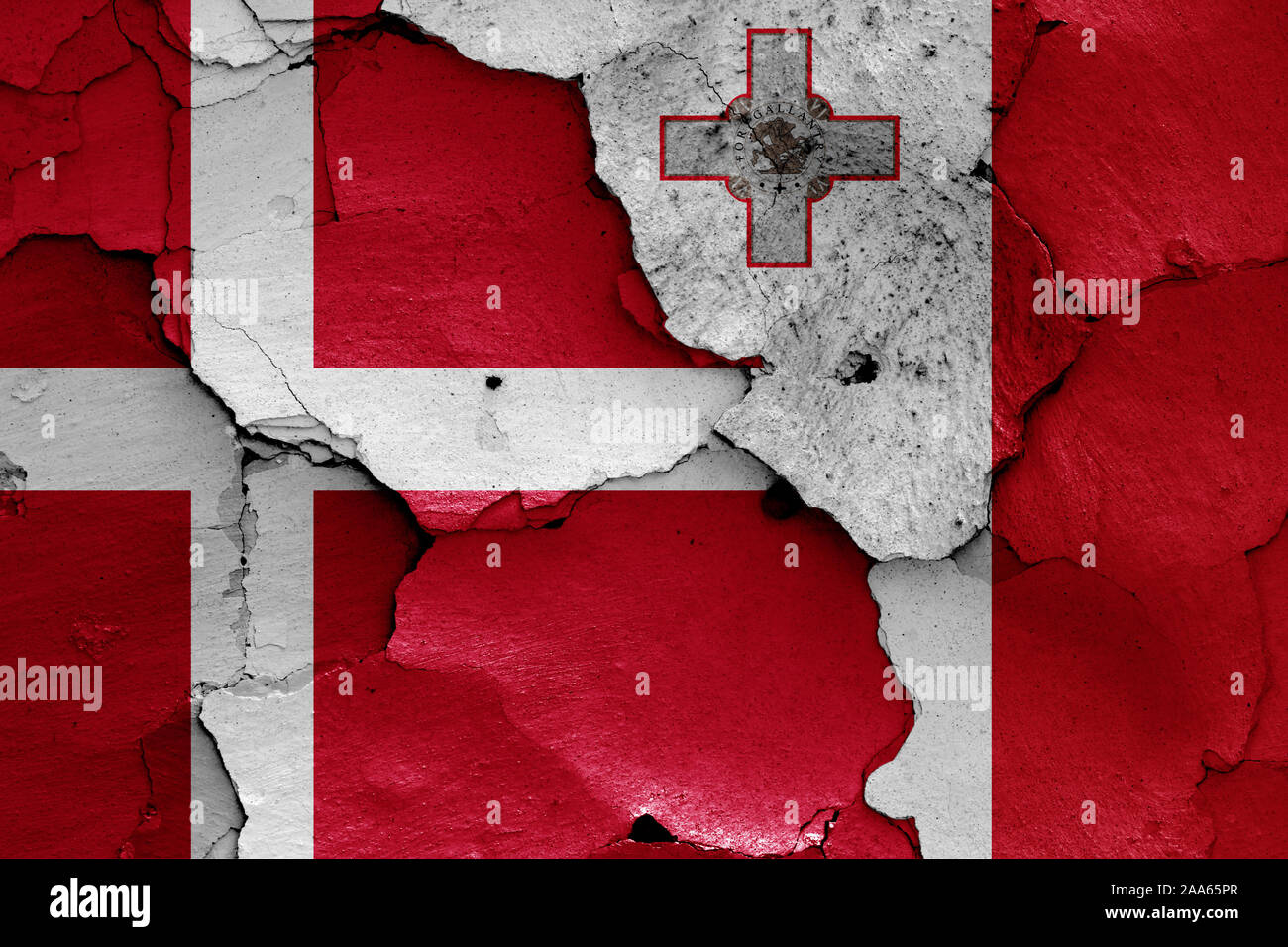 flags of Denmark and Malta painted on cracked wall Stock Photo - Alamy