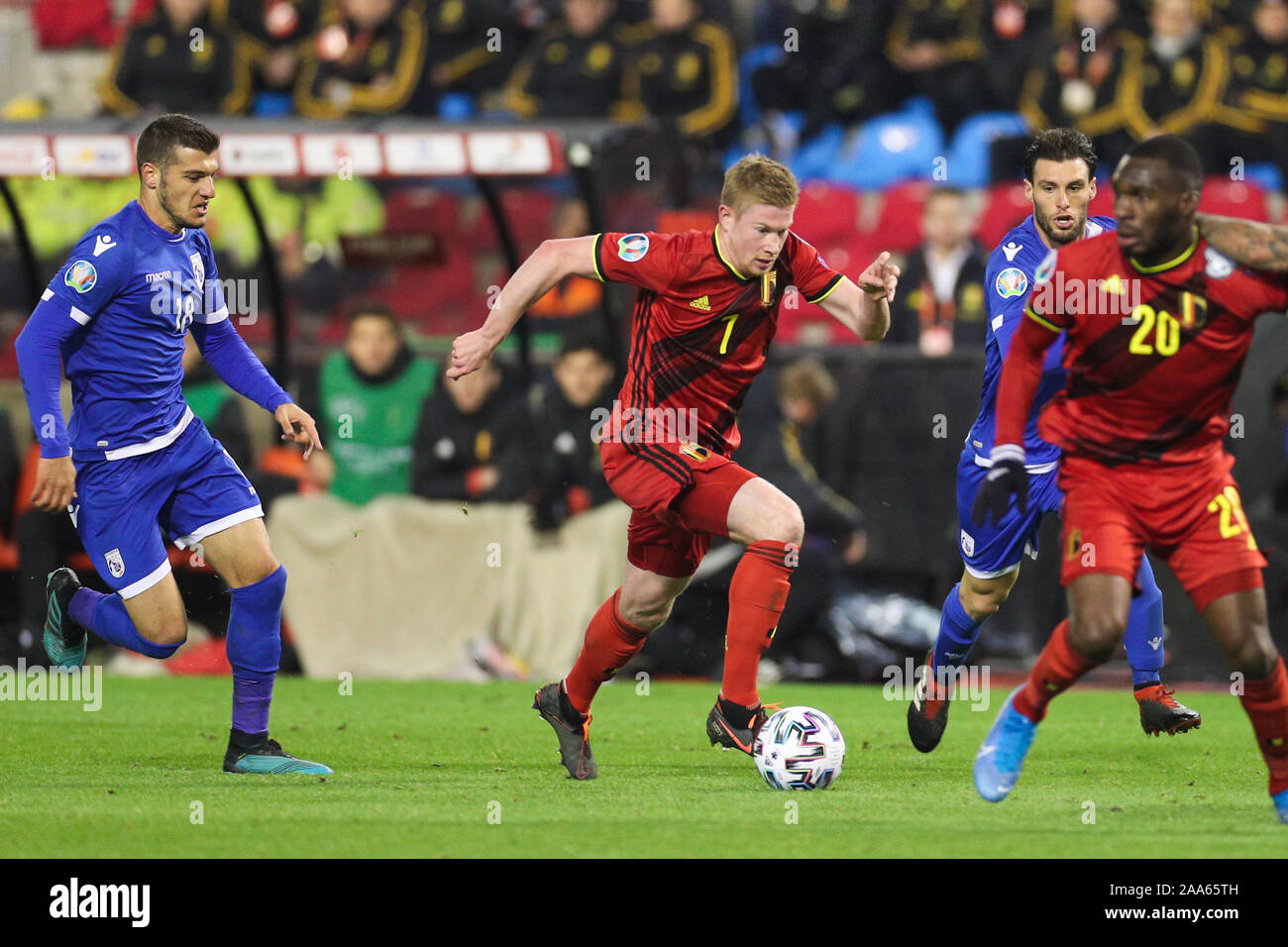 Brussels, Belgium. 19th Nov, 2019. Kevin De Bruyne (2nd L) of Belgium competes during a UEFA Euro 2020 group I qualifying match between Belgium and Cyprus in Brussels, Belgium, Nov. 19, 2019. Credit: Zheng Huansong/Xinhua/Alamy Live News Stock Photo