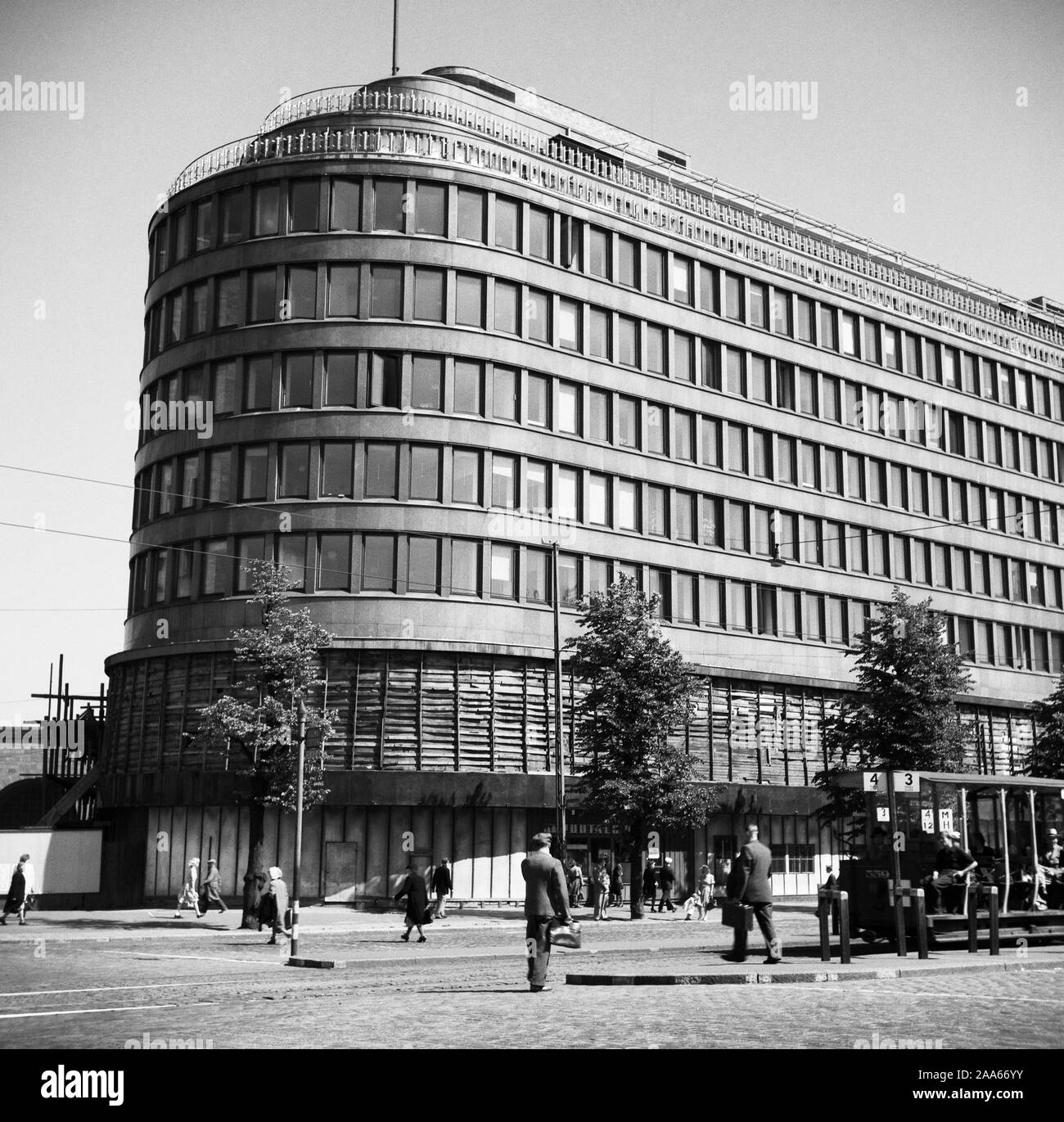 Helsinki, 1947, street view in downtown. At the junction between Mannerheimintie and Postikatu department store Sokos is still under construction. Stock Photo