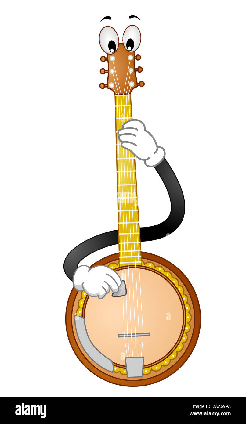Illustration of a Banjo Mascot Holding a Pick and Playing Music Stock