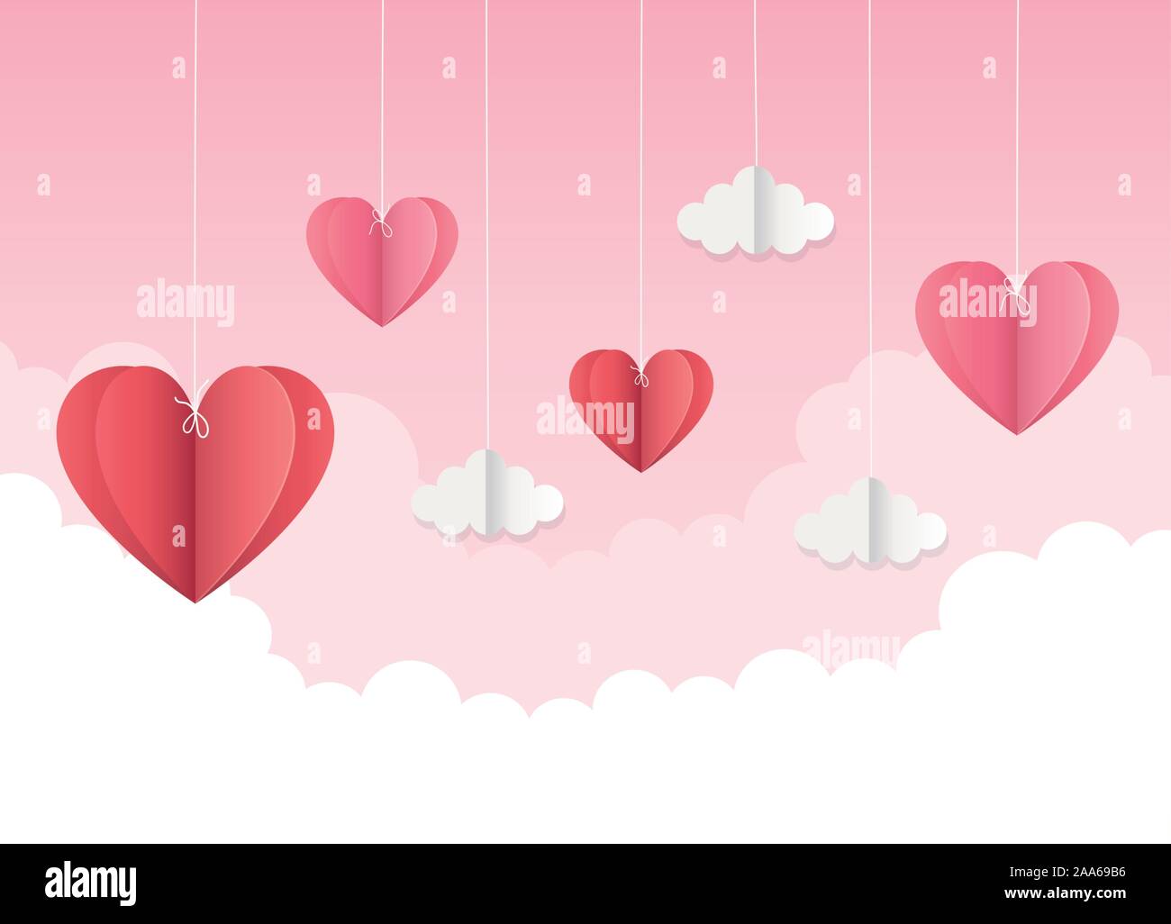 happy valentines day origami hanging hearts clouds vector illustration ...