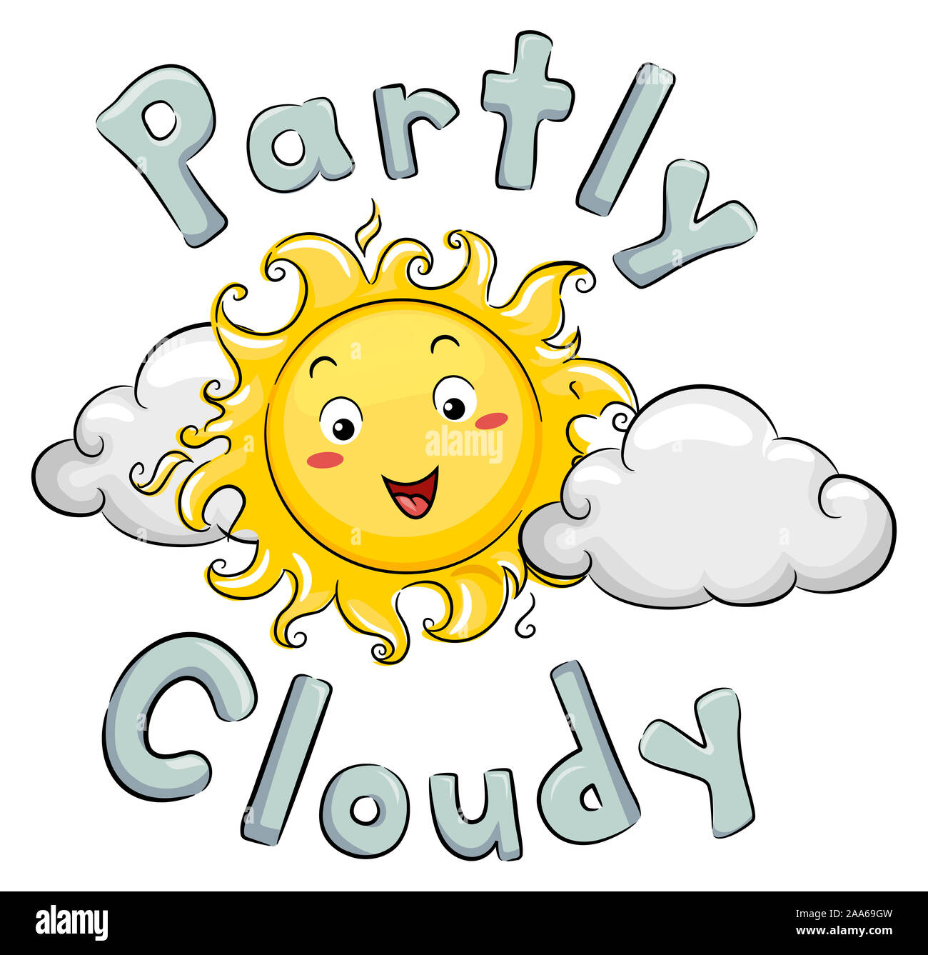 Illustration of a Sun Mascot with Clouds Around and Partly Cloudy Lettering Stock Photo