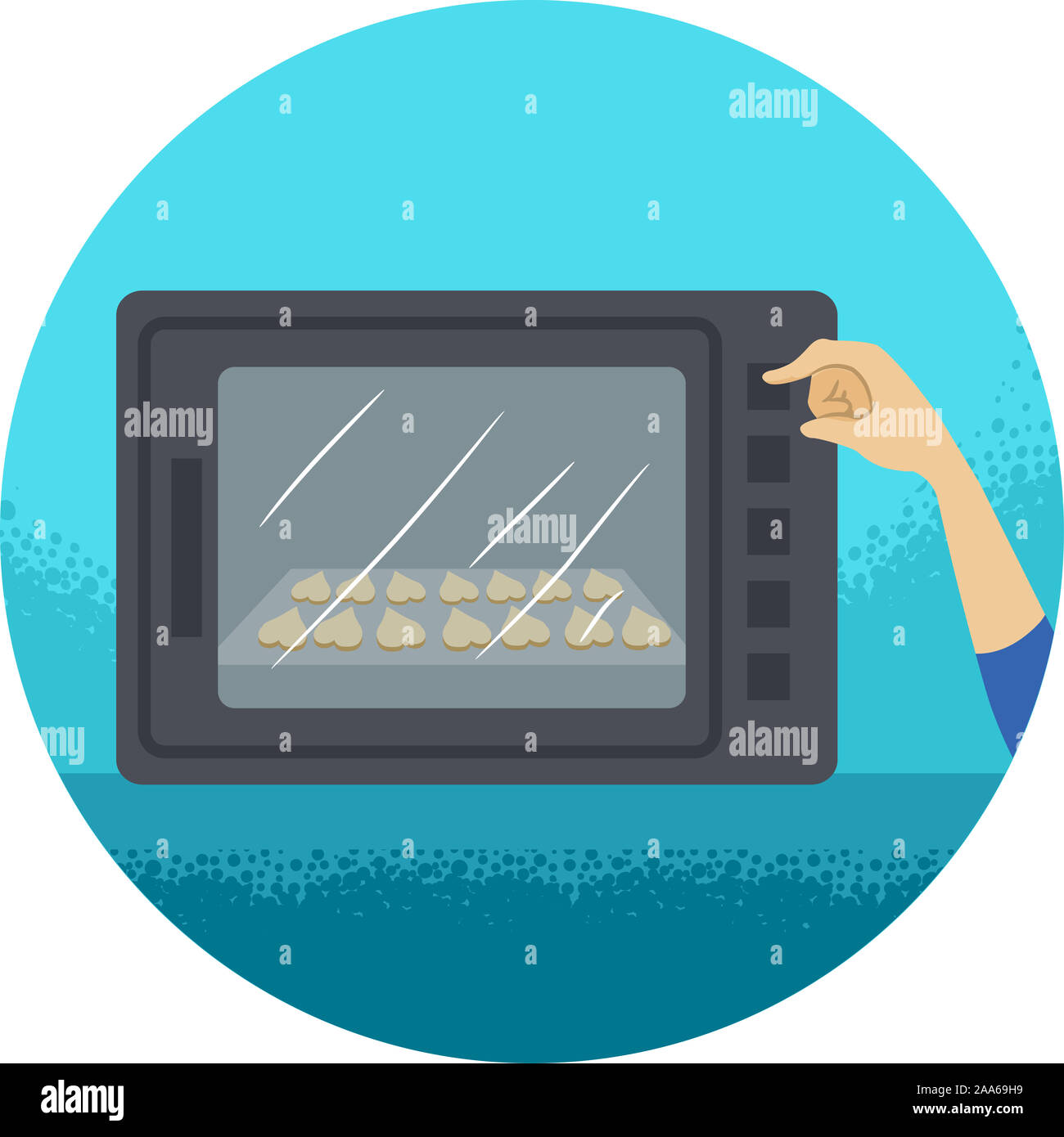 Illustration of a Hand Pressing Oven Button to Bake Cookies. Kitchen