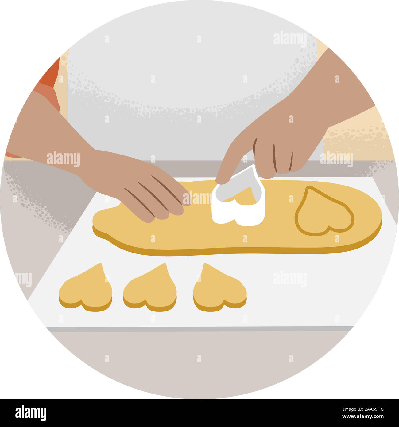 Illustration of Hands Using Cookie Cutter to Cut Cookie Dough Into