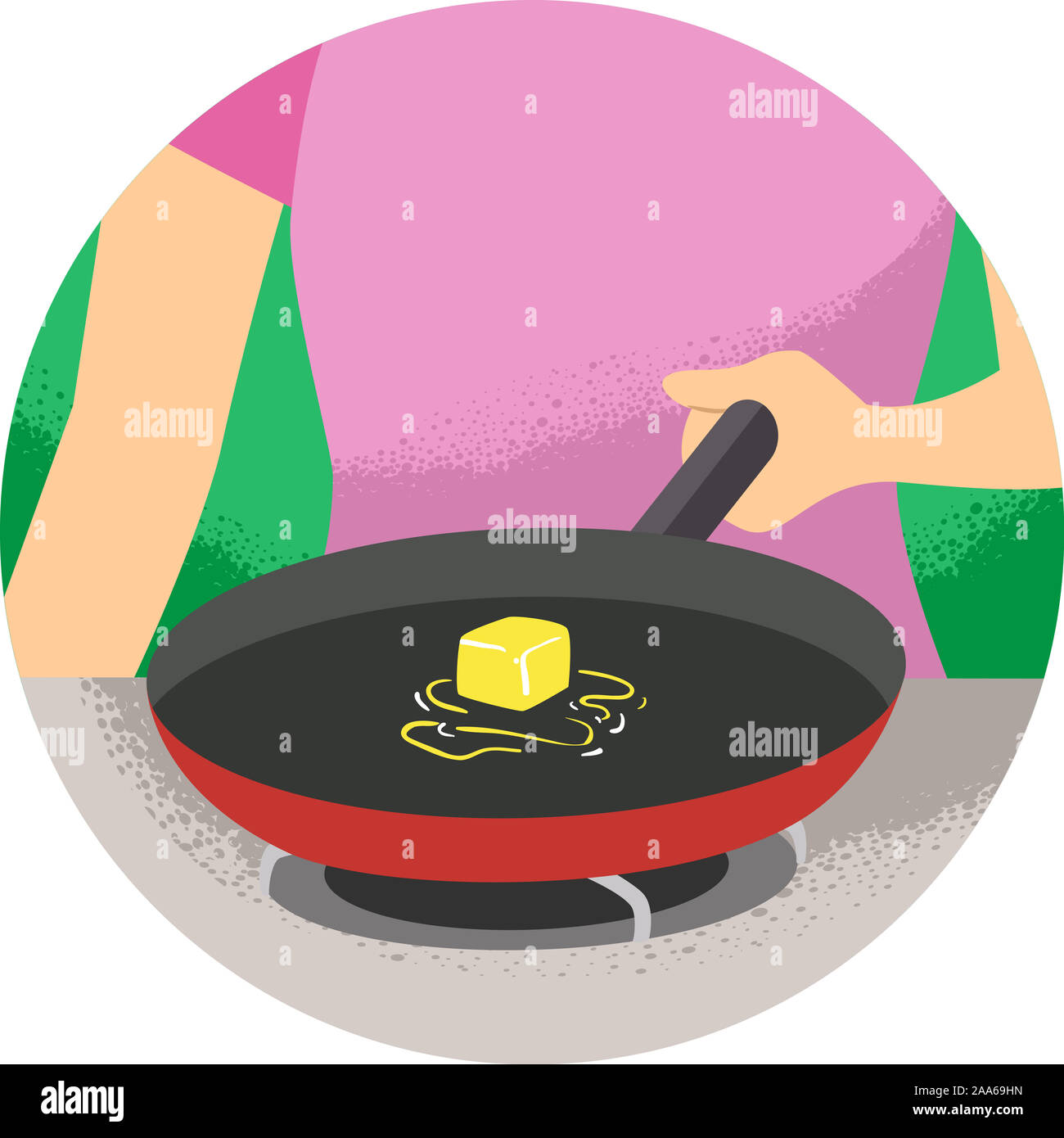 Illustration of a Hand Holding Frying Pan Melting Butter. Kitchen Verb