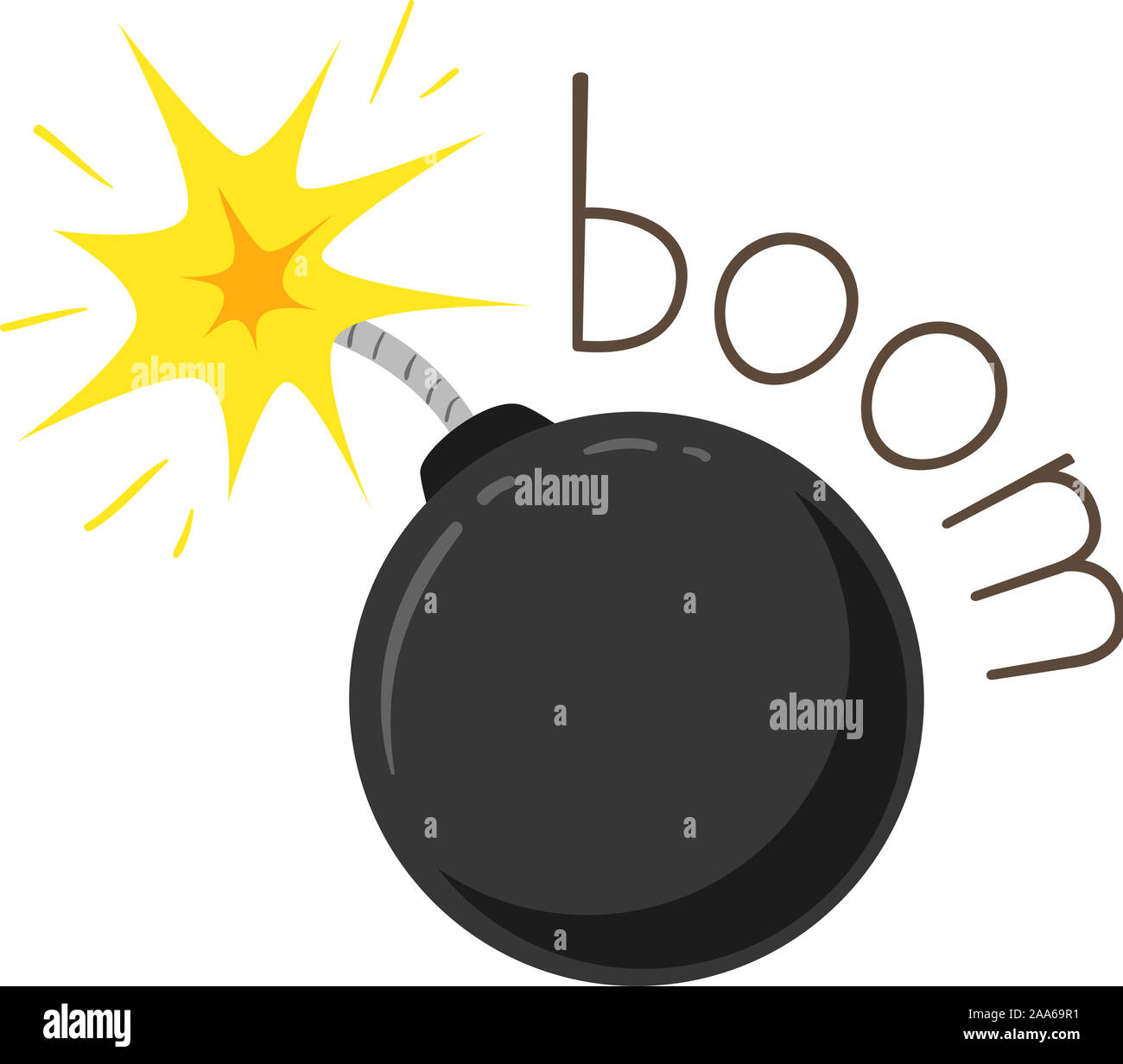 Illustration of a Boom Sound and a Lighted Bomb. Learning Onomatopoeia Stock Photo