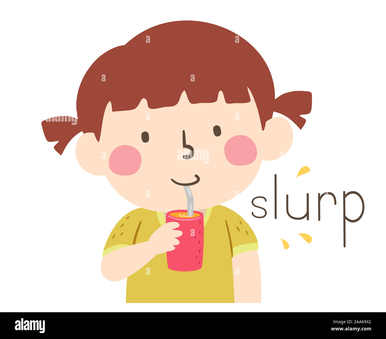 Illustration of Slurp Sound and a Kid Drinking Juice Using a Stainless Bent Straw. Learning Onomatopoeia Stock Photo