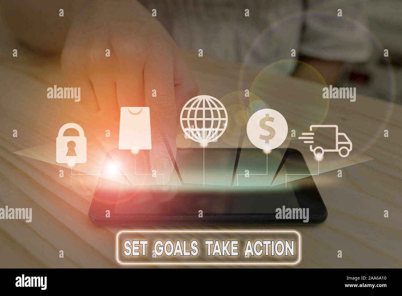 Writing note showing Set Goals Take Action. Business concept for Act on a specific and clearly laid out plans Stock Photo