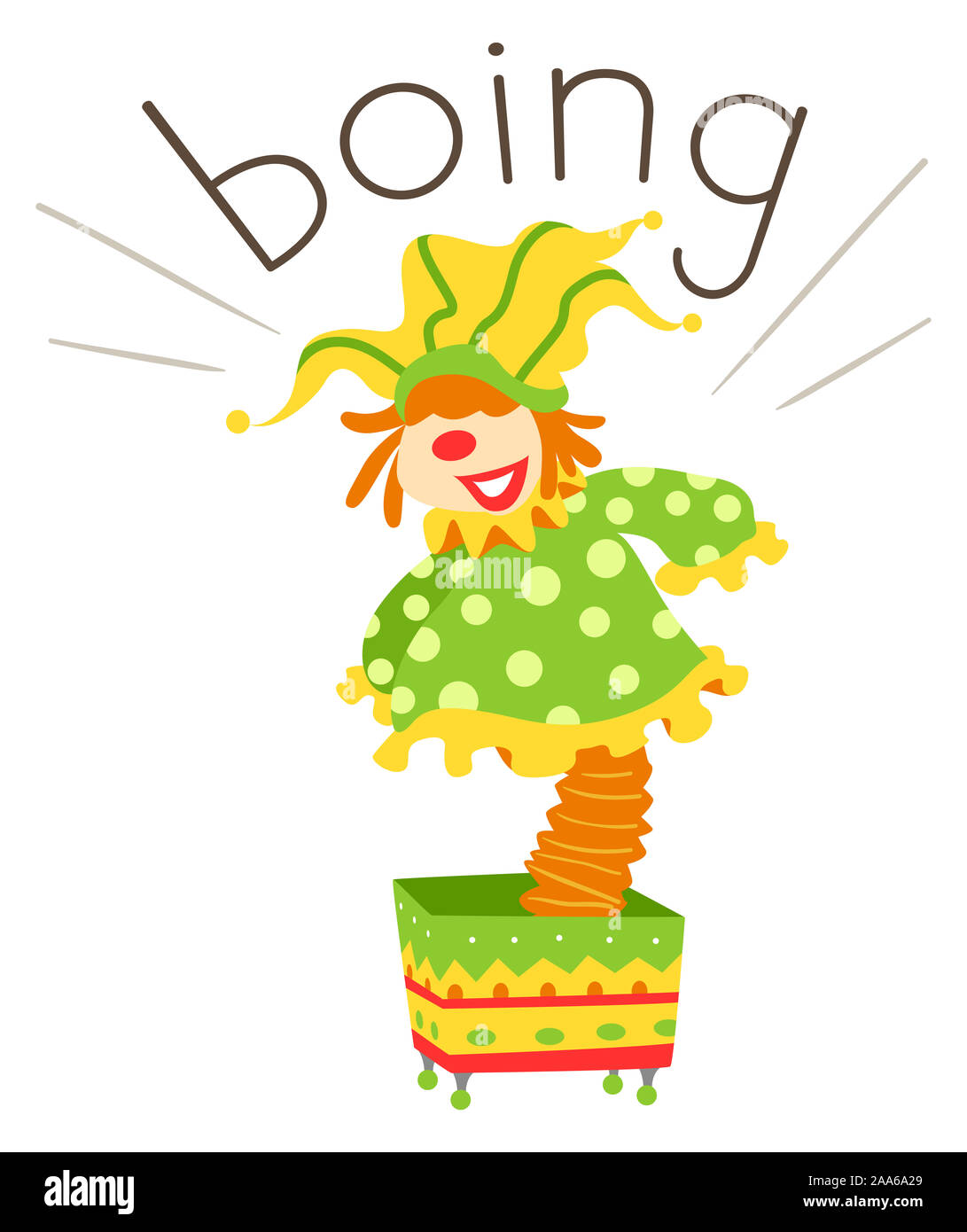 Illustration of Boing Sound and a Toy Clown from Inside a Box. Learning Onomatopoeia Stock Photo