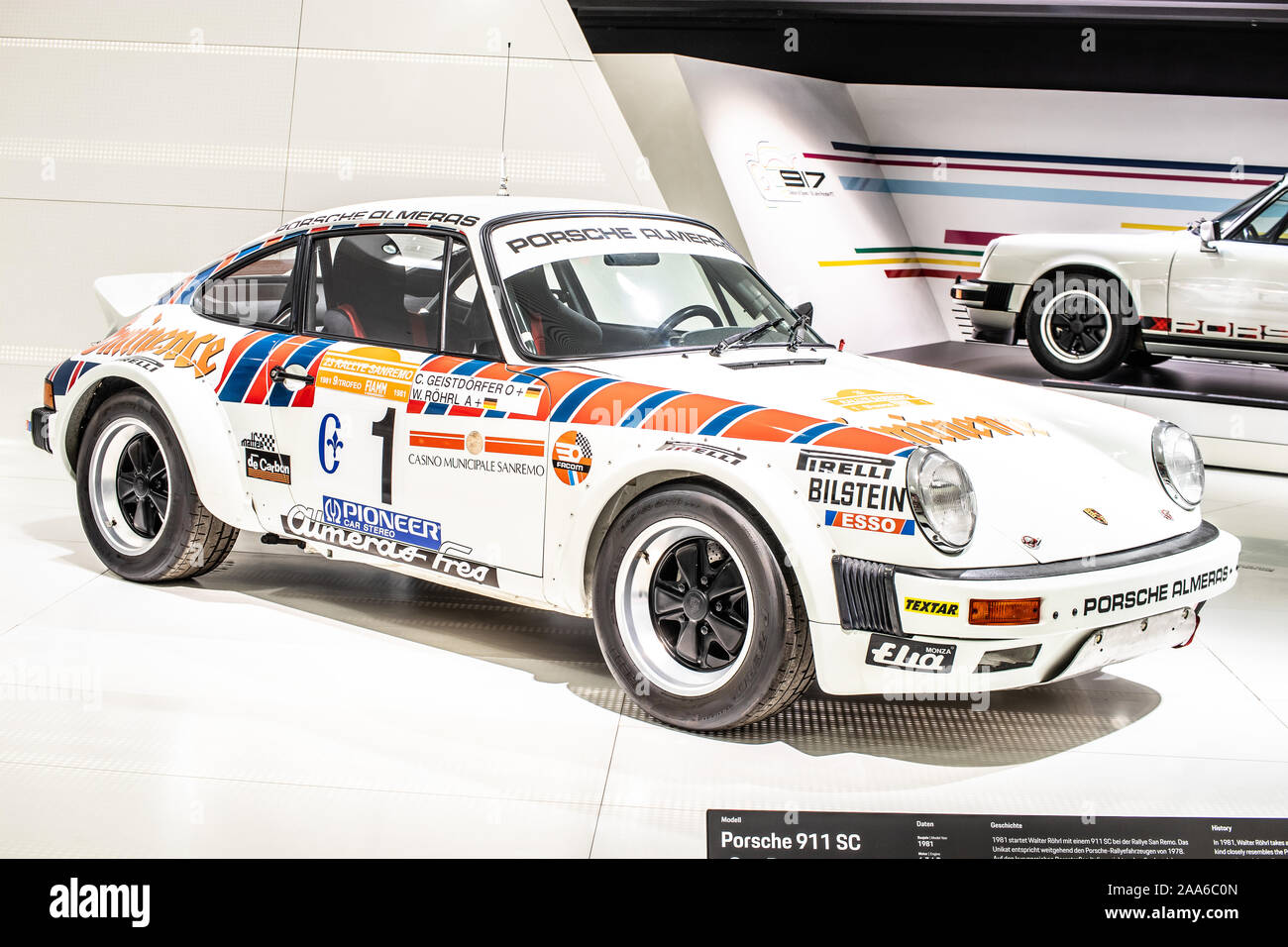 Collection of Porsche cars on display at Porsche Museum in Stuttgart