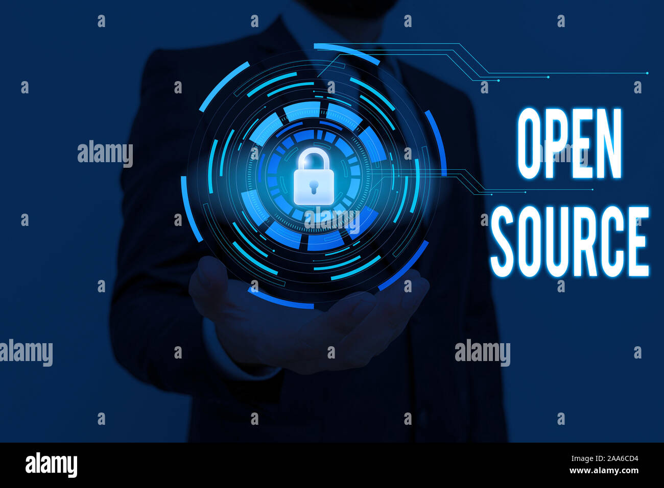 Writing note showing Open Source. Business concept for denoting software which original source code is made free Stock Photo