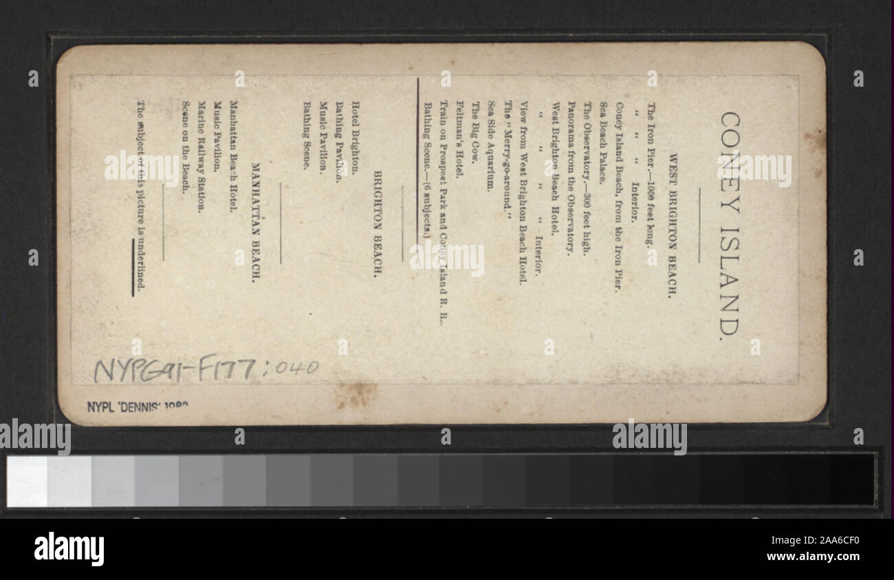 Includes views by Anthony, Keystone, Strohmeyer & Wyman and other photographers and publishers. Robert Dennis Collection of Stereoscopic Views. Title devised by cataloger. Views of Coney Island, Brighton and Manhattan Beaches: people on the beach, in the water, one view showing drowned boy, rescuers and onlookers, benches, Iron Pier, Oriental Hotel and an amusement ride called the Razzle Dazzle at Coney Island; Music Pavilion, boardwalk, Hotel Brighton, Feltman's Hotel at Brighton Beach; Manhattan Beach Hotel, music stand; toll gate on Shell Road.; Bathing scene. (West Brighton Beach, Coney Is Stock Photo