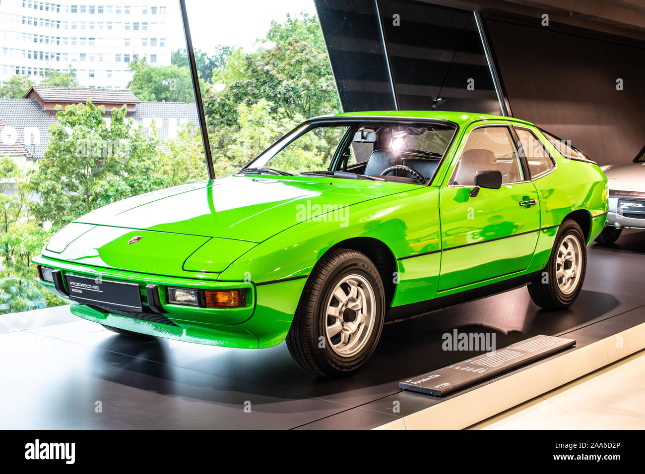 Stuttgart, Germany, Sep, 2019 green Porsche 924 1976, Stuttgart Porsche Museum, sports car