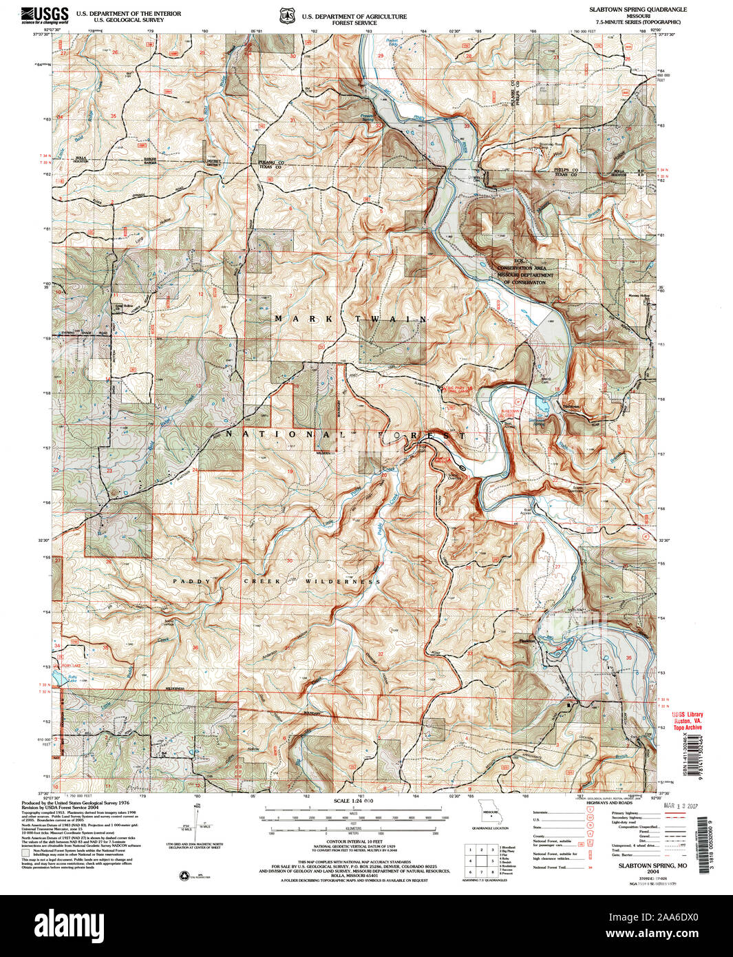 USGS TOPO Map Missouri MO Slabtown Spring 324154 2004 24000 Restoration Stock Photo