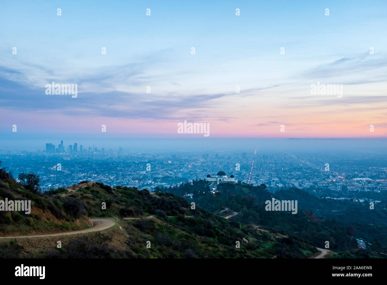 Griffith Park Observatory , Los Angeles California, View of DTLA Stock Photo