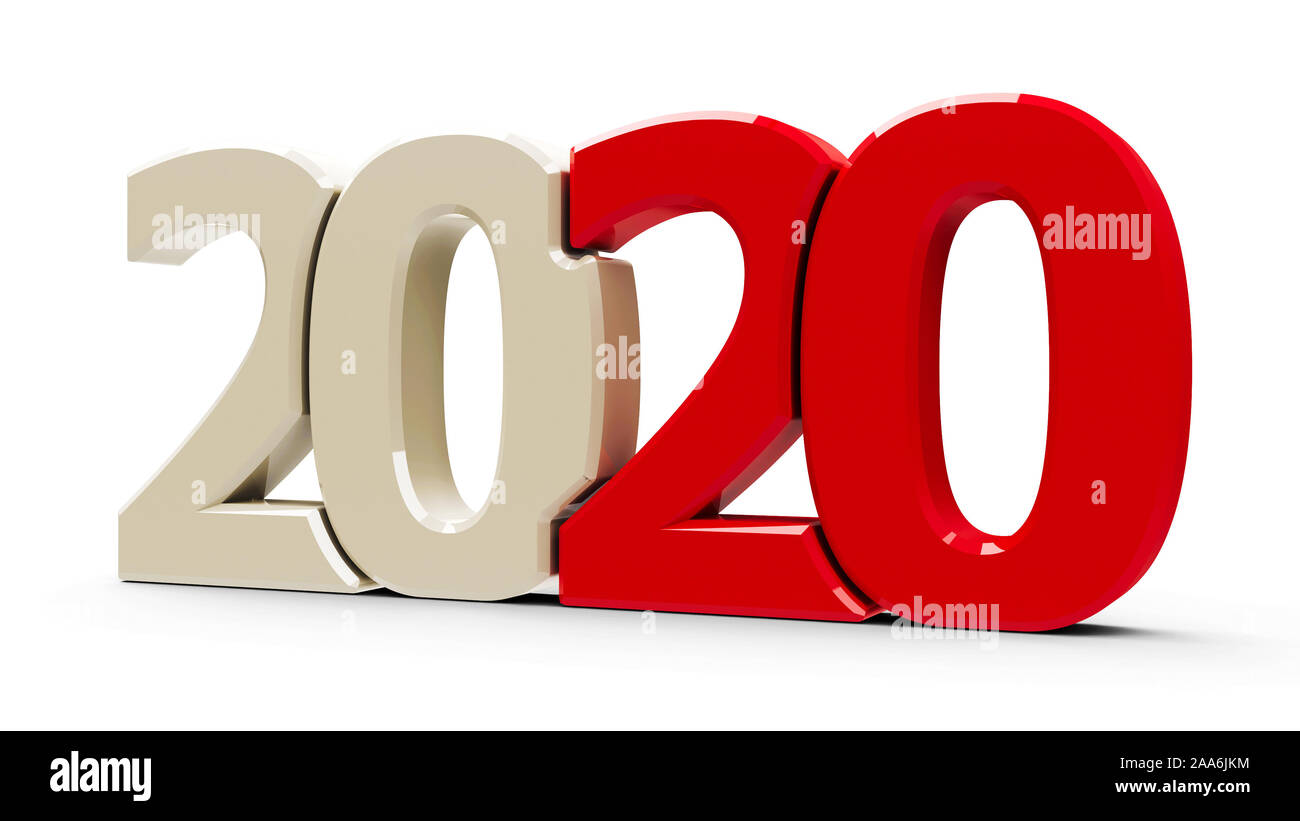 Red 2020 symbol, icon or button isolated on white background, represents the new year 2020, three-dimensional rendering, 3D illustration Stock Photo