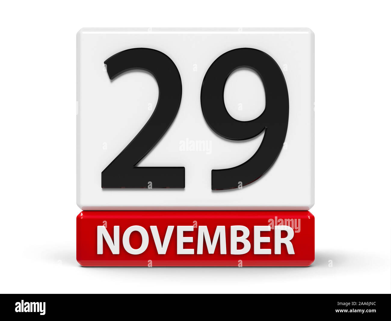 Red and white calendar icon from cubes - The Twenty Ninth of November - on a white table, three-dimensional rendering, 3D illustration Stock Photo