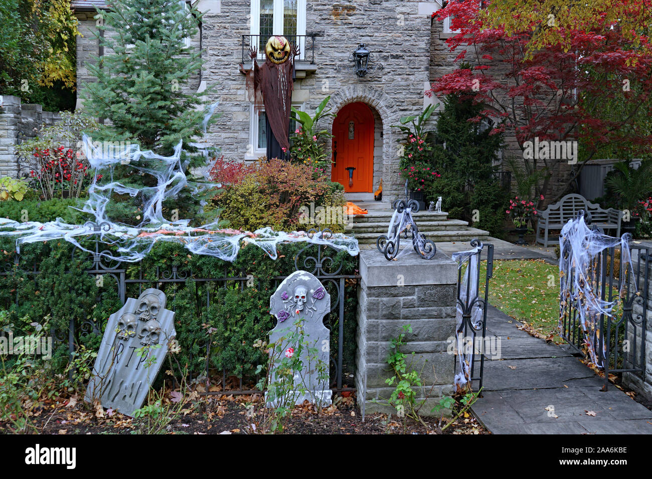 PITTSBURGH - NOVEMBER 2019:  Halloween is a popular holiday for which people put out quite imaginative and gory decorations in front of their homes. Stock Photo