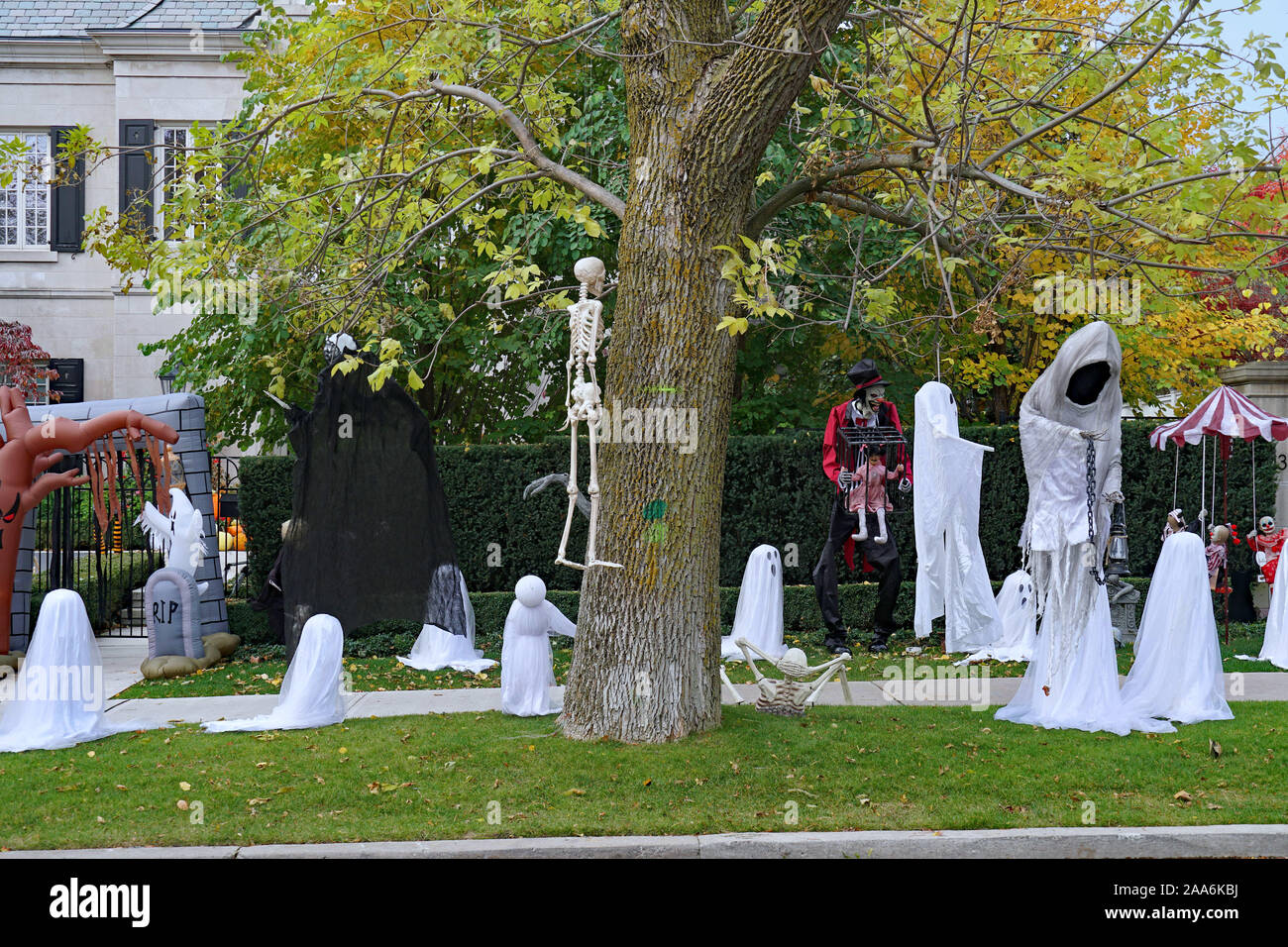 PITTSBURGH - NOVEMBER 2019:  Halloween is a popular holiday for which people put out quite imaginative and gory decorations in front of their homes. Stock Photo