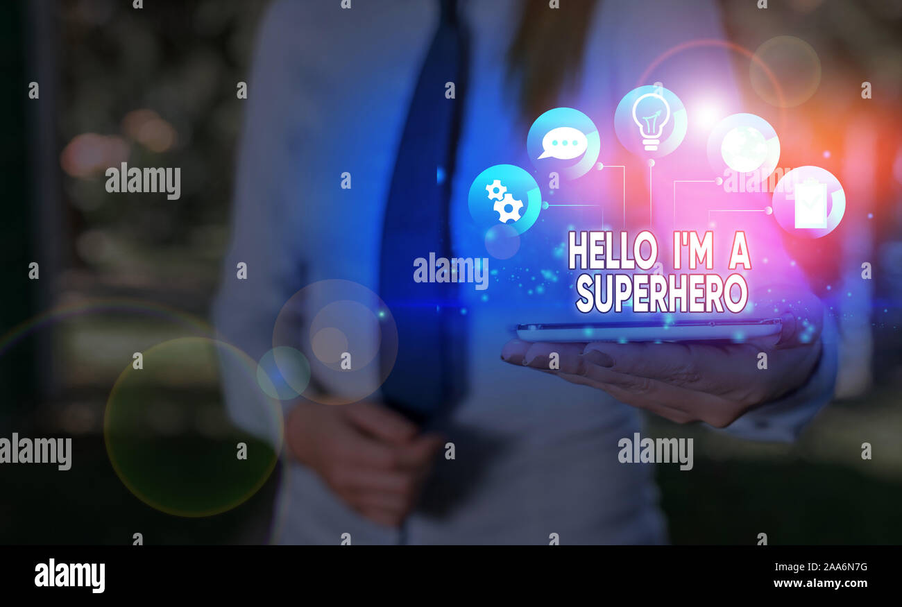 Writing note showing Hello I M A Superhero. Business concept for ...