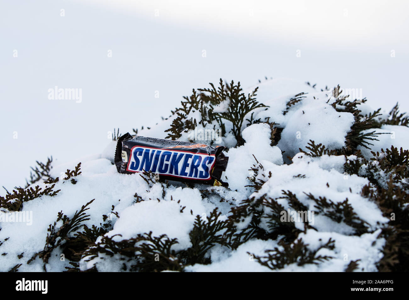 Snickers chocolate bar, winter, snow in background Stock Photo