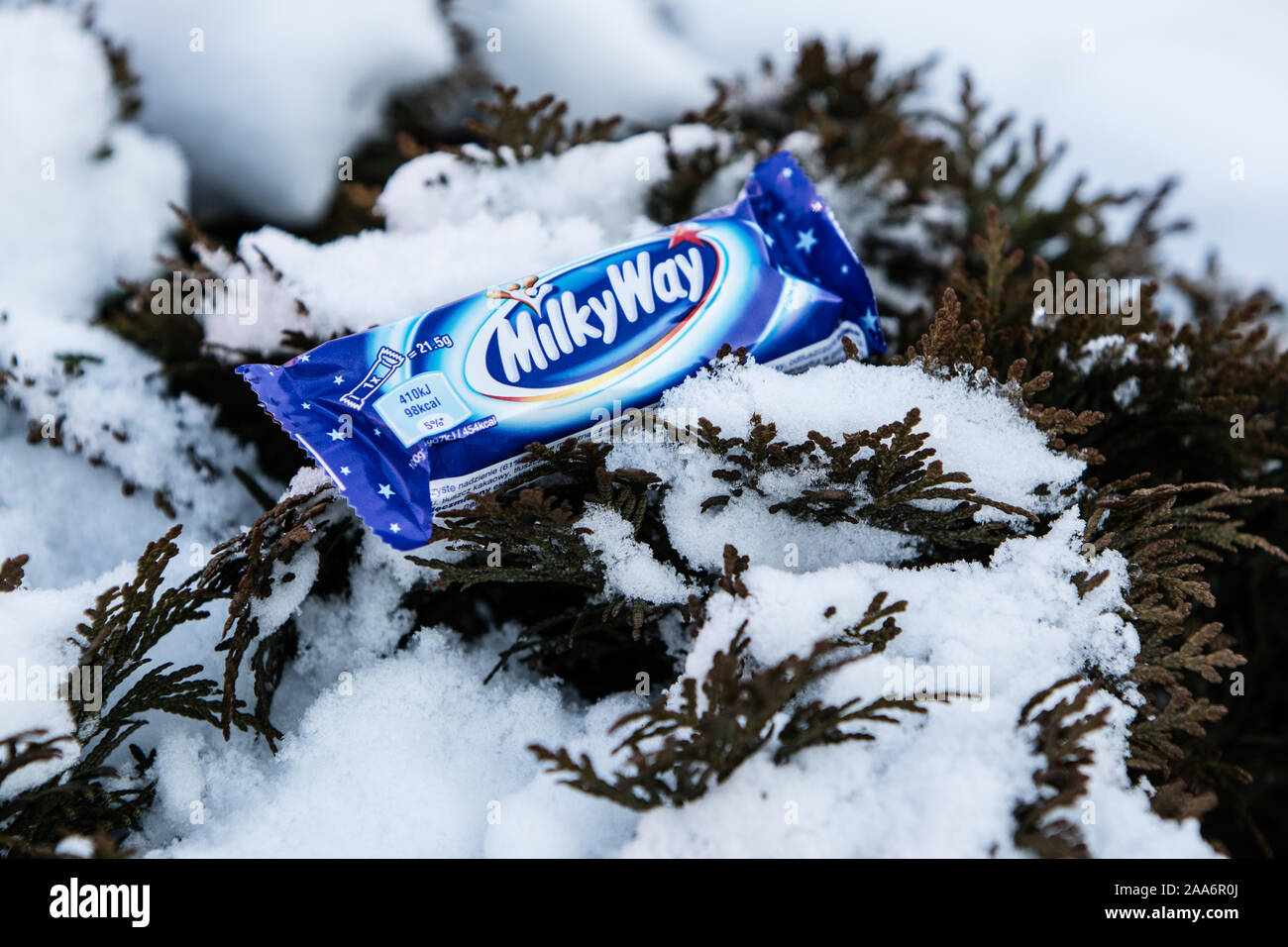 Milky Way chocolate bar candy, winter, snow in background Stock Photo